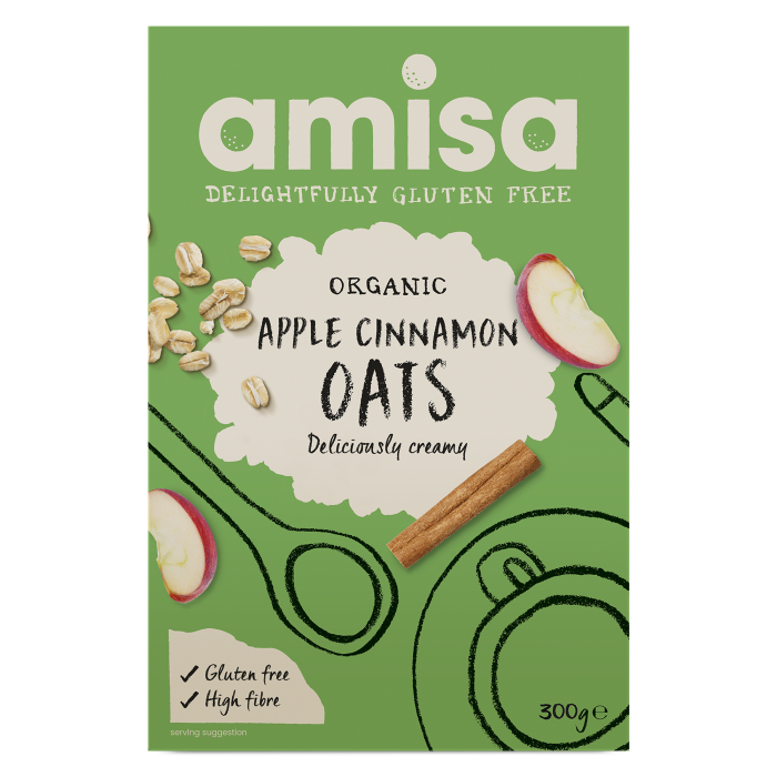 Amisa Organic Gluten Free Pure Porridge Oats – Apple & Cinnamon (300g)