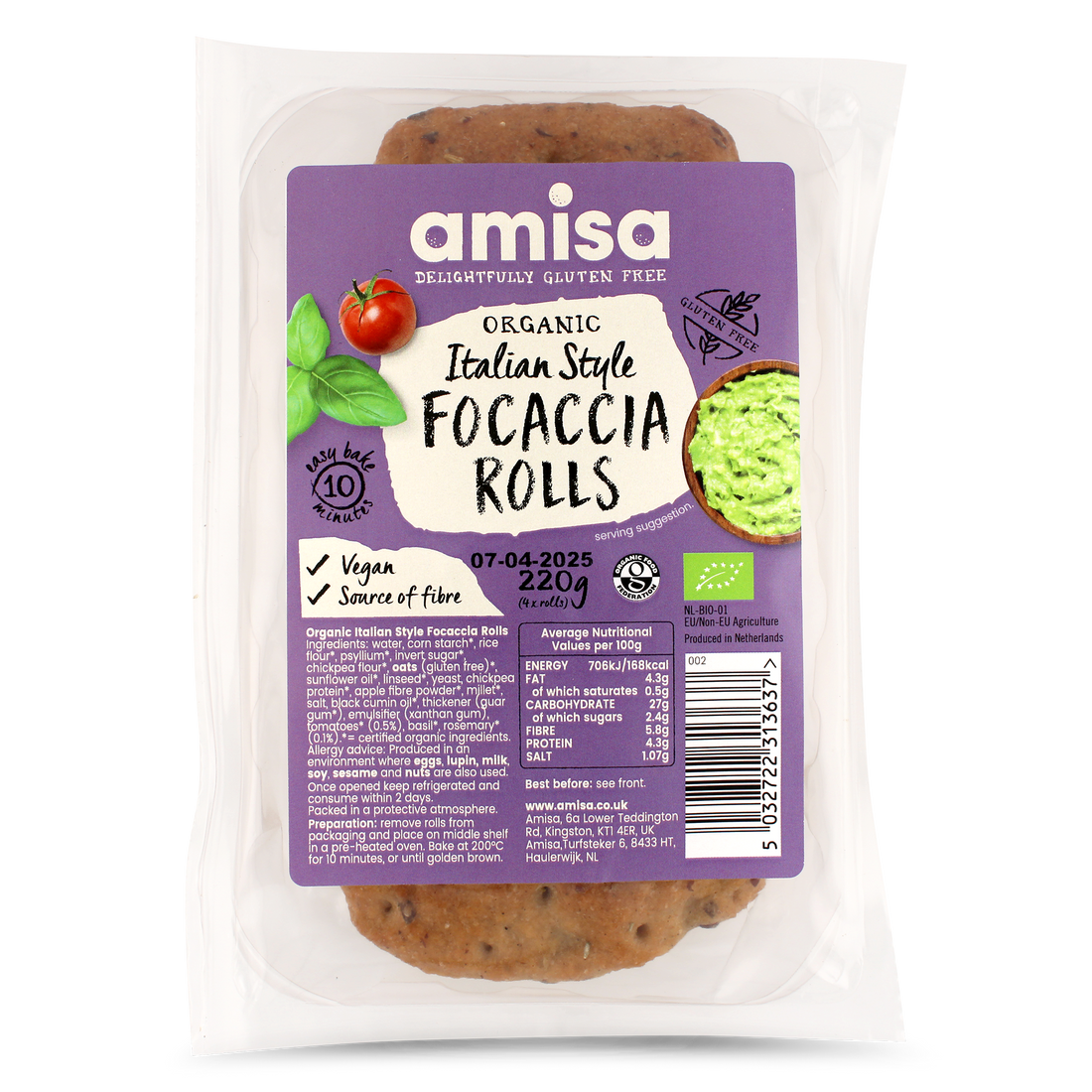 Amisa Organic Gluten Free Italian Style Focaccia Rolls (200g)