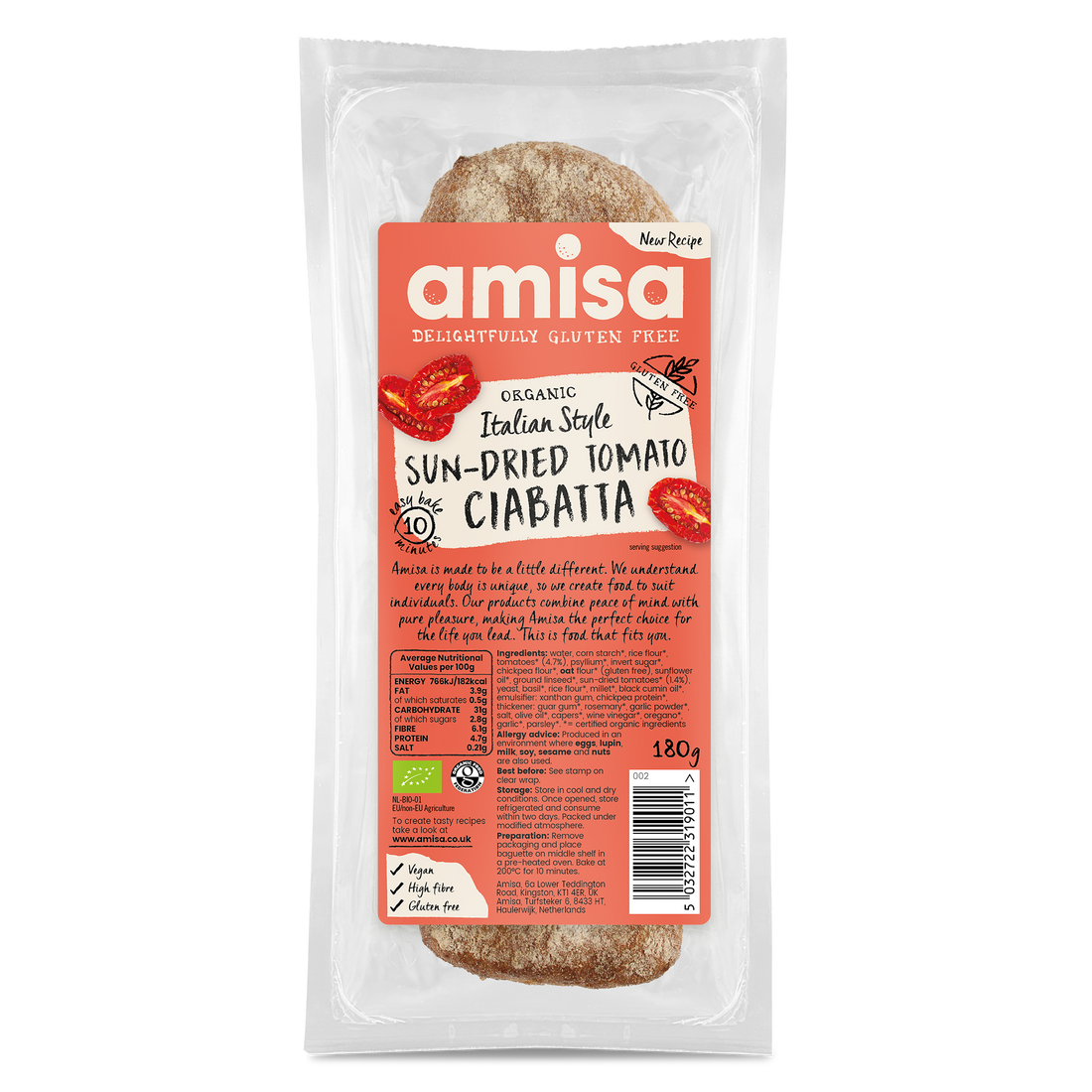 Amisa Organic Gluten Free Sun-Dried Tomato Ciabatta (180g)