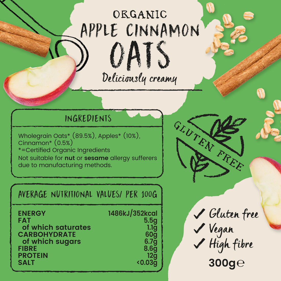 Amisa Organic Gluten Free Pure Porridge Oats – Apple & Cinnamon (300g)
