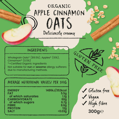 Amisa Organic Gluten Free Pure Porridge Oats – Apple & Cinnamon (300g)